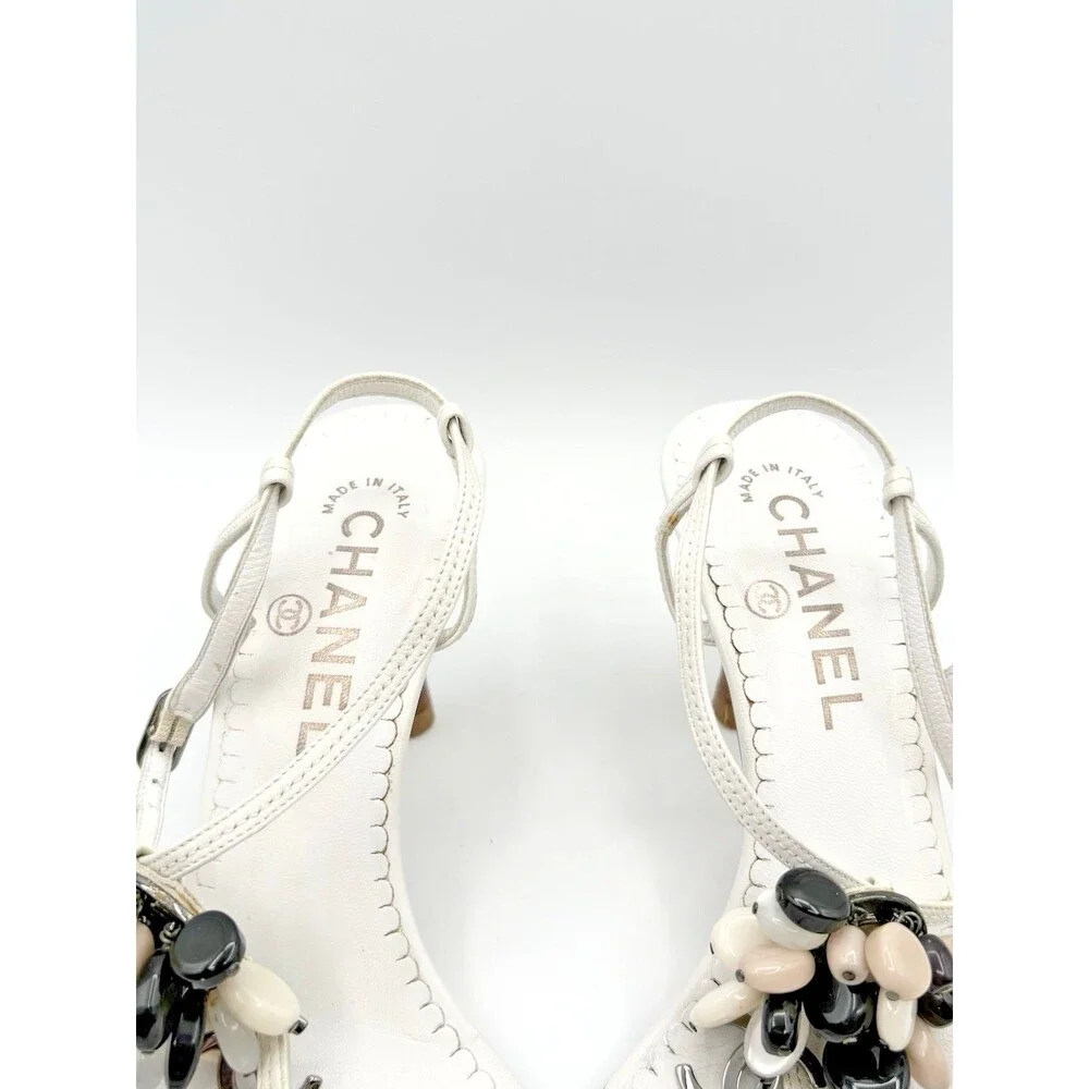 Chanel White Leather T Strap Sandals Beaded Accent CC Logo Vintage Size EU 36.5